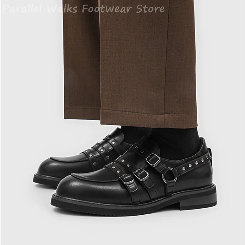 Men Punk Rivet Studded Buckle Strap Shoes Gothic Black Loafers Vintage Chunky Low Heel Dress Oxfords Rock Casual Derby Footwear