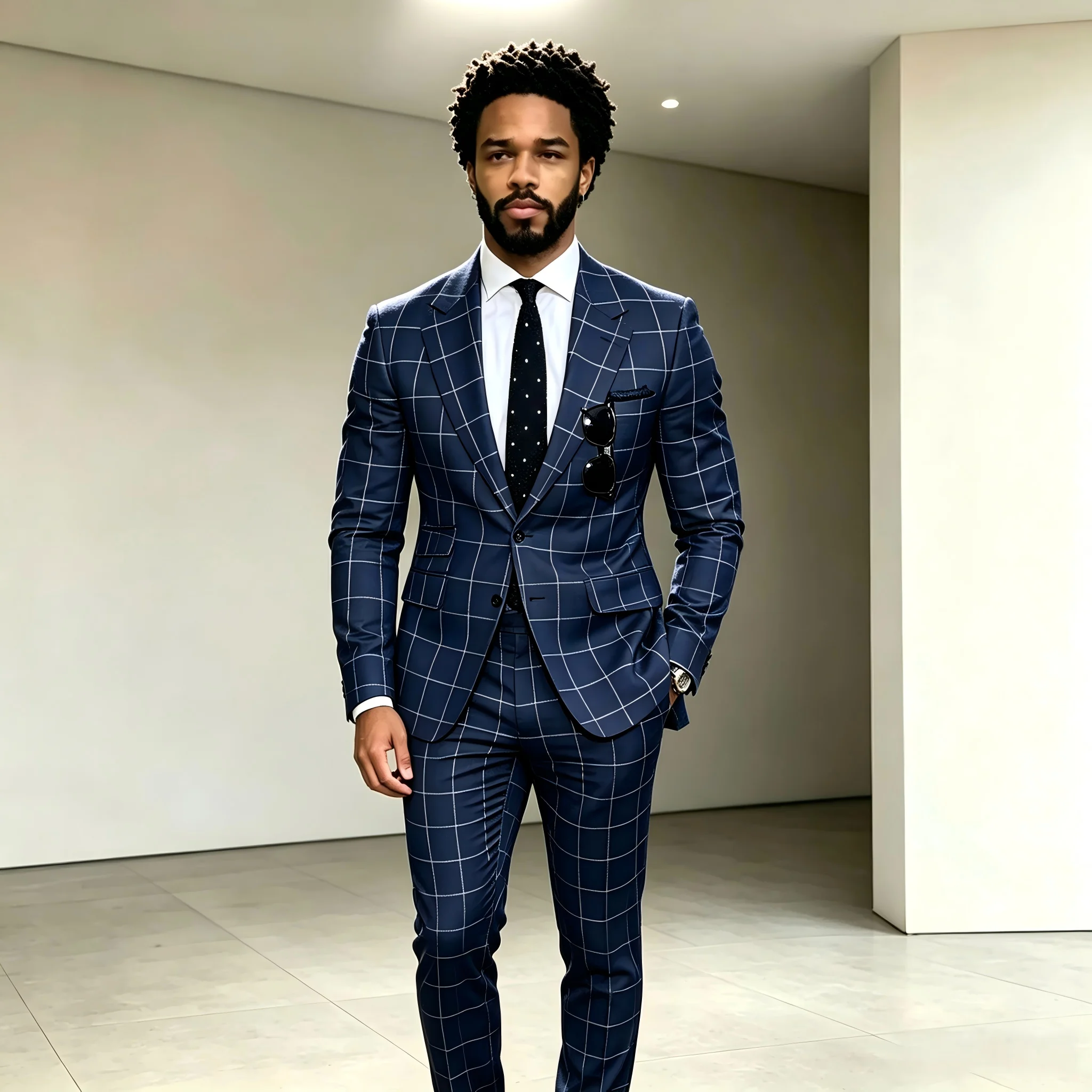 Men's Navy Blue Plaid 2 Pieces Business Suit Set for Stage Performance, Wedding Party, Homecoming Party Prom Tuxedo Jacket Pants