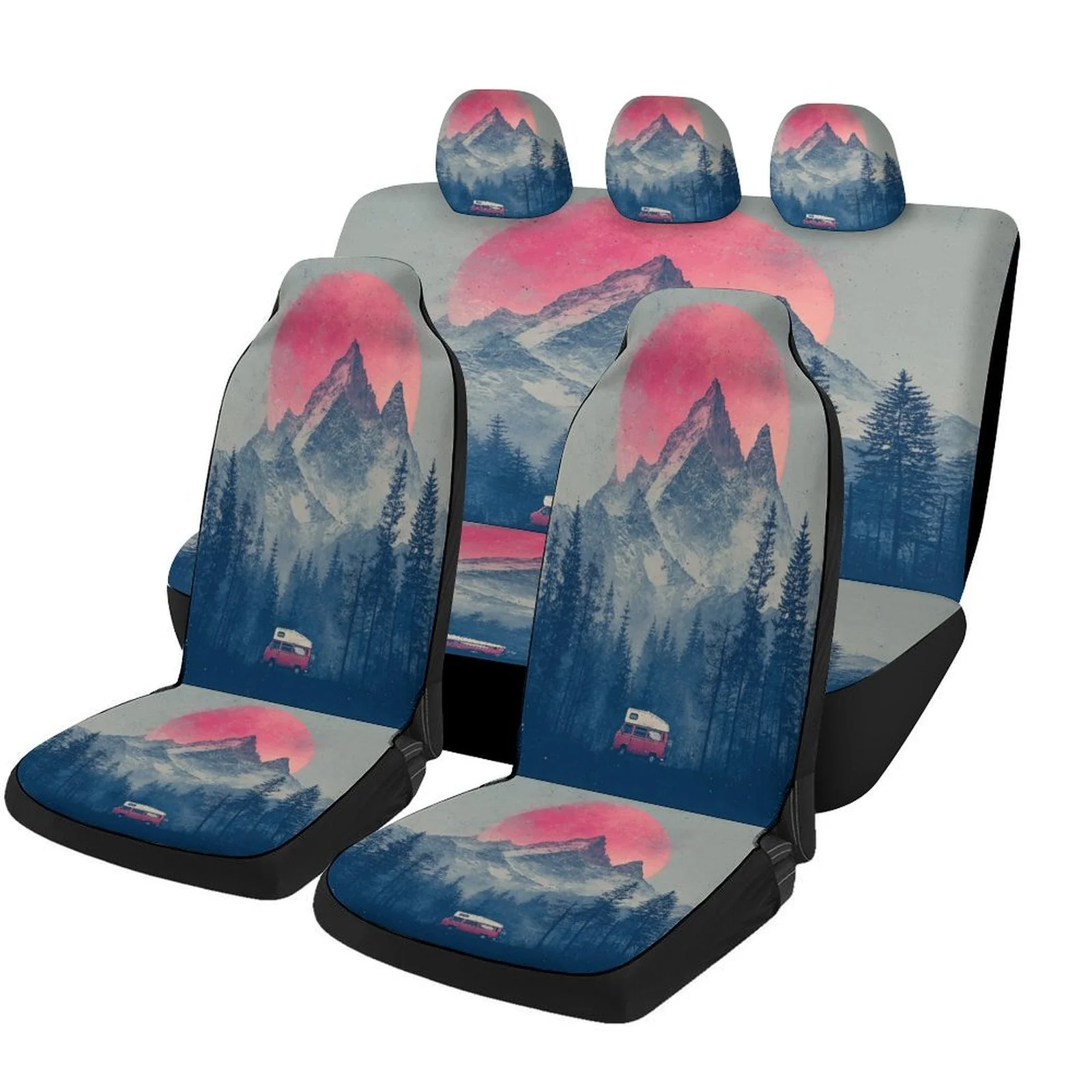Set Of Car Seat Covers Featuring A Mountain Sunset Theme, Suitable For Various Vehicles. Stylish And Unique, This Complete Set I