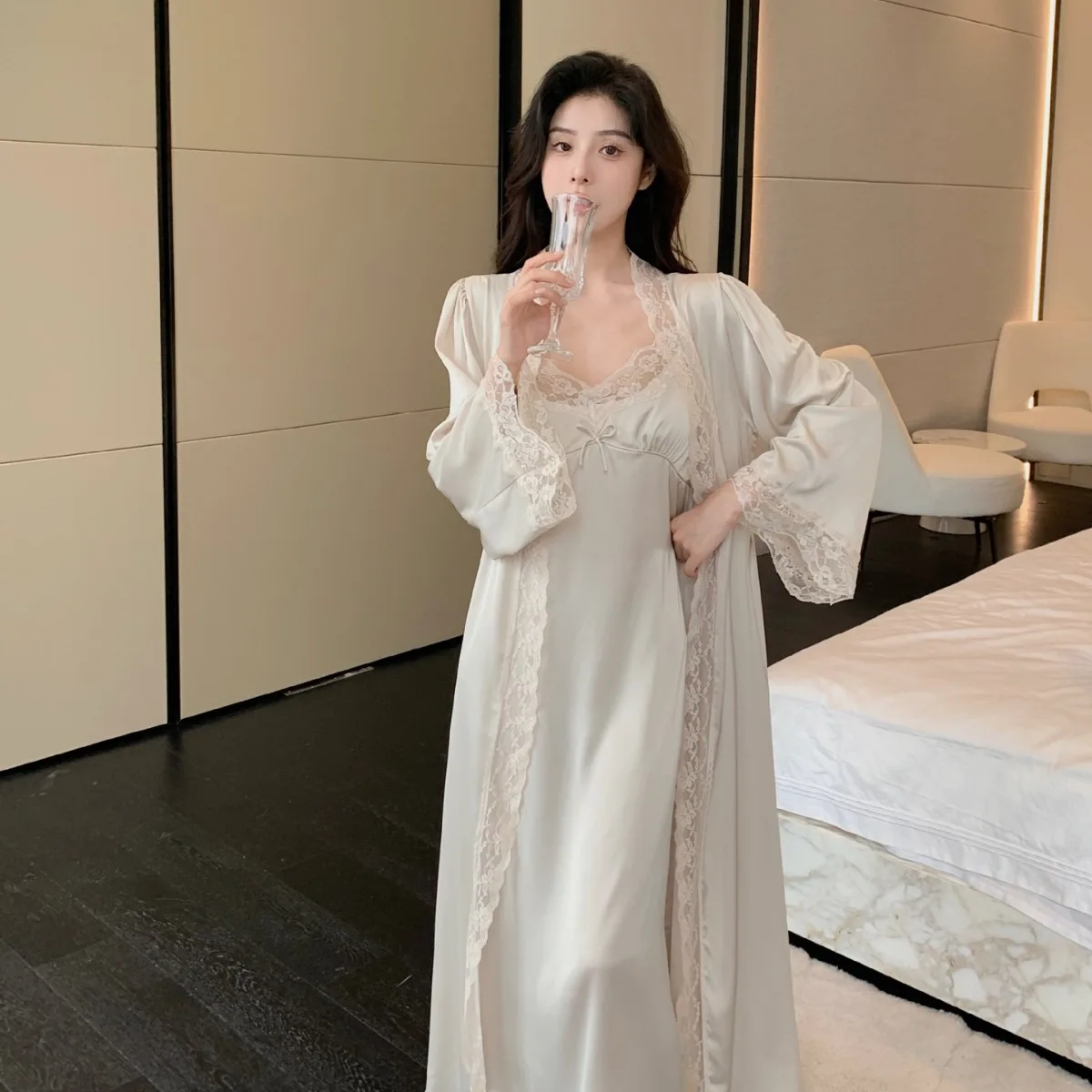 2PCS Women Lace Long Robe Set Nightgown Underwear Summer Faux Silk Bathrobe Gown Suit Sleepwear Kimono Homedress Lingerie