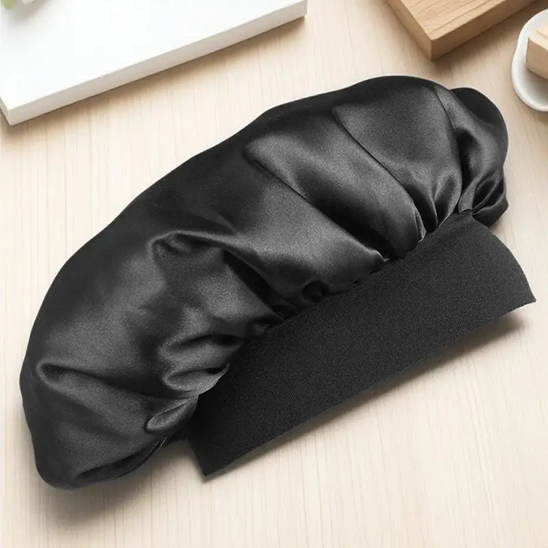Wide Side Sleeping Cap High Resilience Long Hair Bonnet Black Large Adjustable Elastic Headband Night Hair Protection Sleep Hat