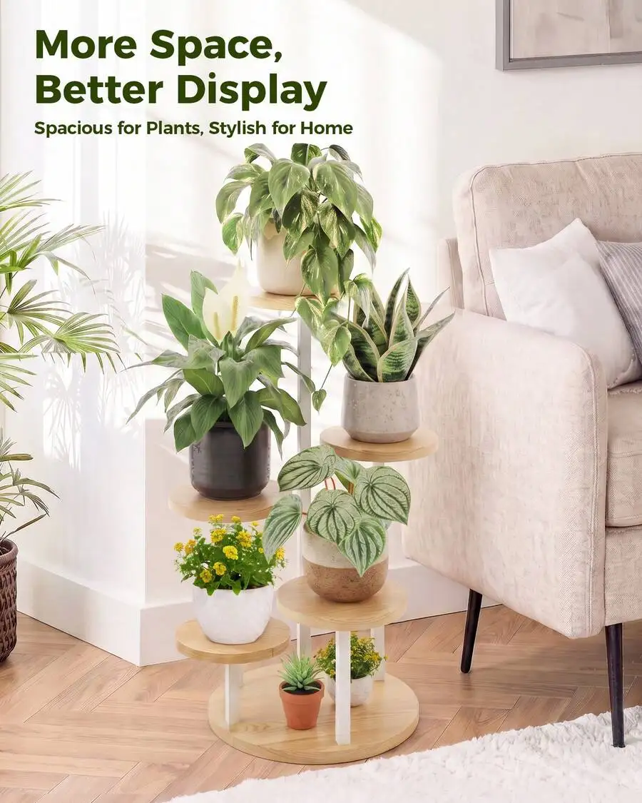 5 Tier White Wooden Plant Stand Indoor, Rotating Tall Plant Shelf With 5 Wood Trays, Plant Holder For Living Room Balcony (White
