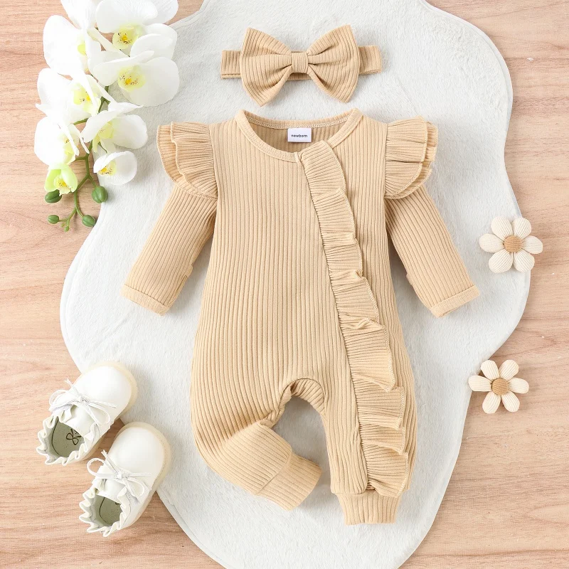 2Pcs Baby Clothes Long Sleeve Ruffle Decor Romper+Headband Autumn Infant Cotton Soft High Quality One-Piece Set Newborn Gift D2L