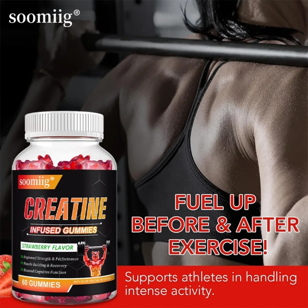 Creatine Infused Gummies - 5g Creatine, Improved Strength, Performance, Muscle Building and Recovery, Strawberry