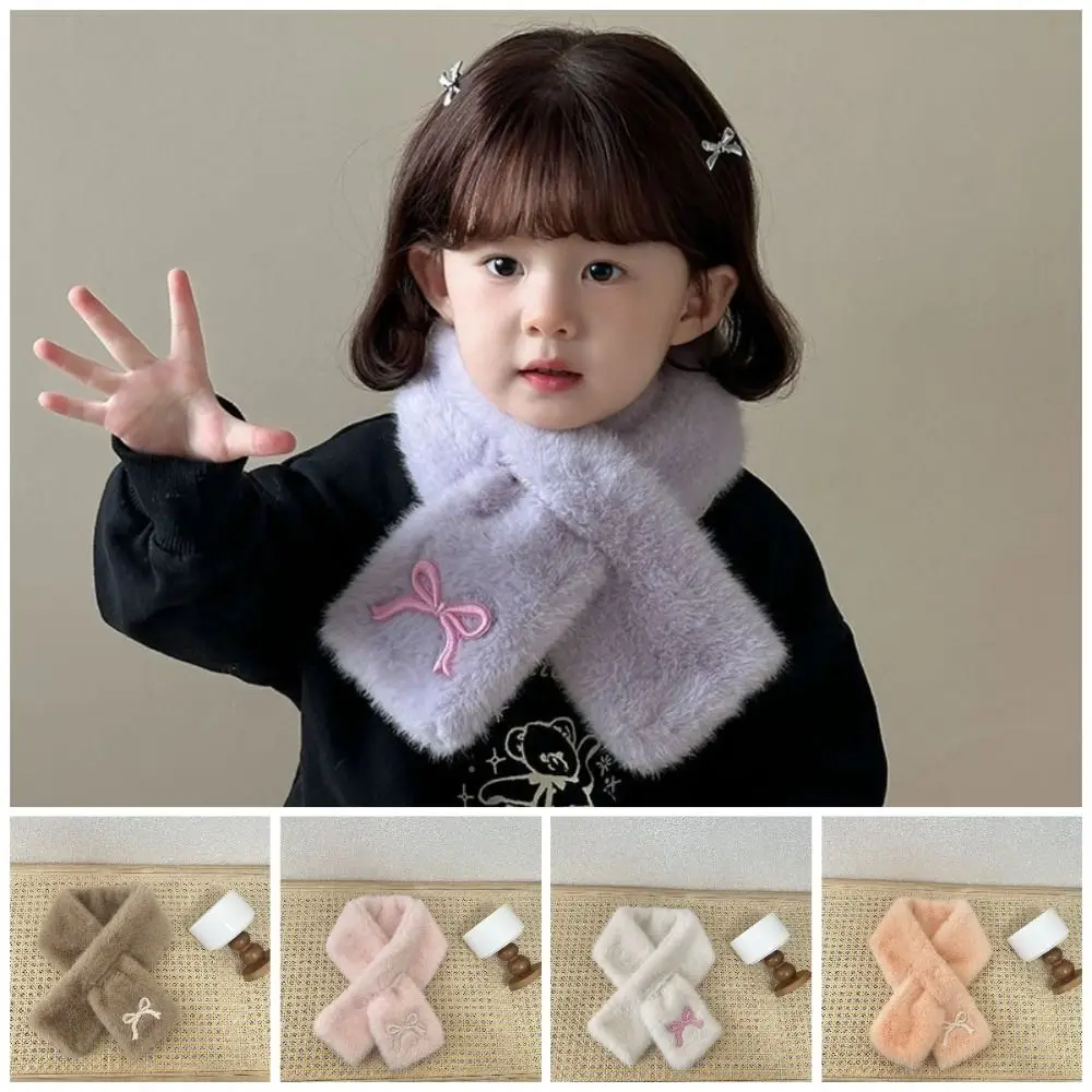 Süßer einfarbiger Schal mit Schleife, koreanischer Stil, warmer Kinder-Plüschschal, lässig, winddicht, Kinder-Kreuzschals, Geschenke