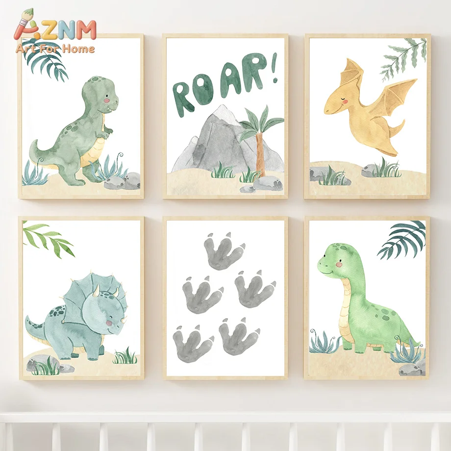 AZNM Frameless Canvas Poster Watercolor Cute Dinosaur Print, T-Rex Pterosaur Triceratops Diplodocus Plant Wall Art Picture for B