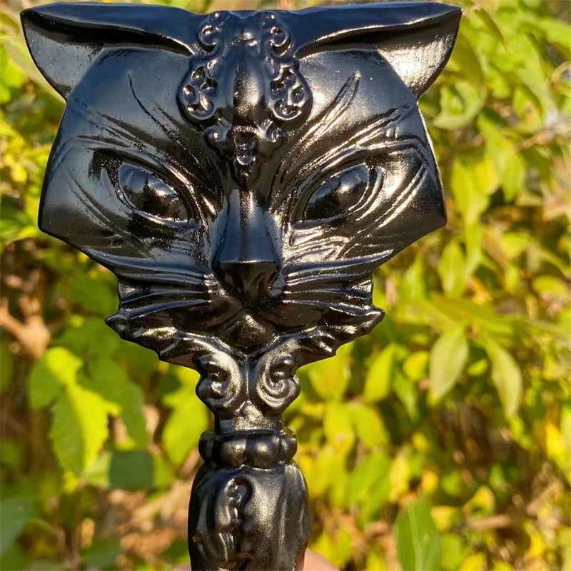 15CM Natural Black Obsidian Magic Cat Mirror  Carvings Handicraft Ornaments Gift Energy Gemstone Home Decoration 1pcs