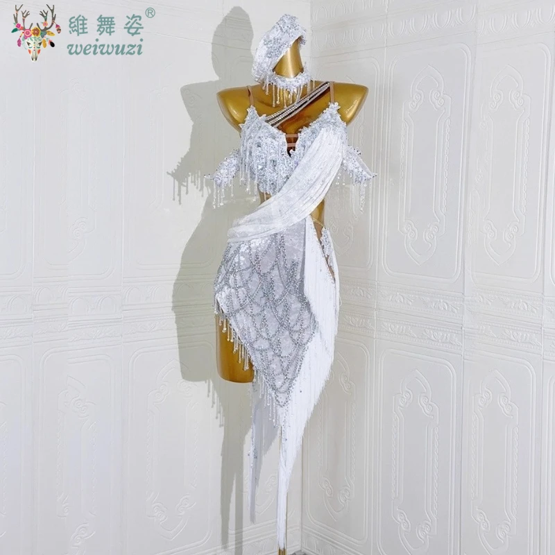 Latin Dance Stage Women's High-end Custom Split Open Leg Sling Dress Samba Rhinestone Competition Performance Costume Dress