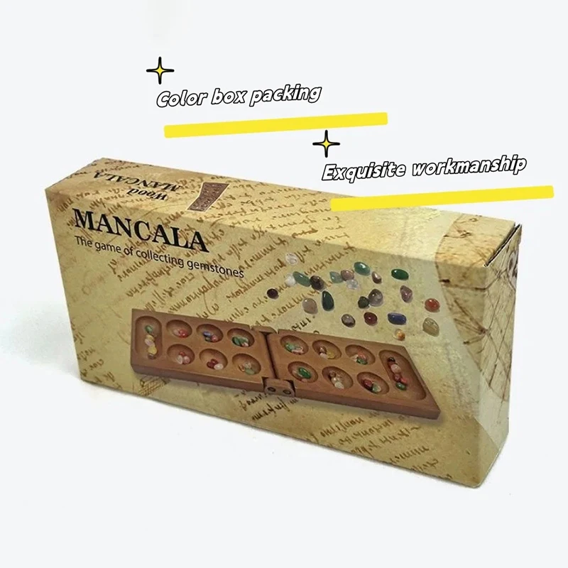 Altes Mancala-afrikanisches Schachspiel, unverzichtbares Brettspiel, hochwertiges Holz, spektakuläres Steingranulat, Familienspaß, Partyspiel für Kinder – Detail 5