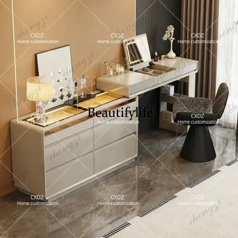 Italian Minimalist Dresser with Hidden Mirror Flip Cover Light Luxury Jewelry Cabinet Integrated Bedside Cosmetic Storage for