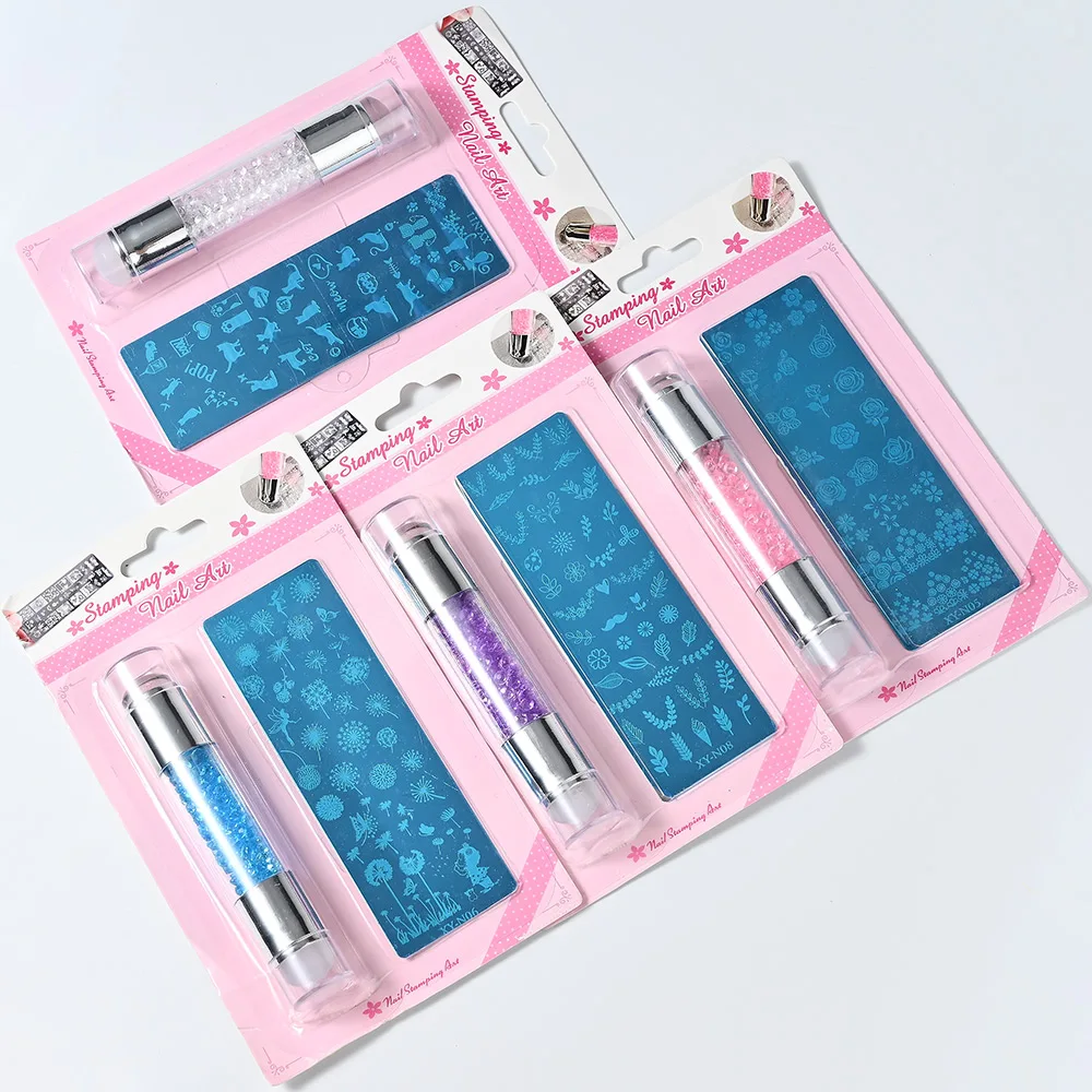 Double-Headed Silicone Nail Art Stamper Set, Crystal Handle Stamp, Stencil Aleatório, Kit Seal, Chapeamento de Ferramentas