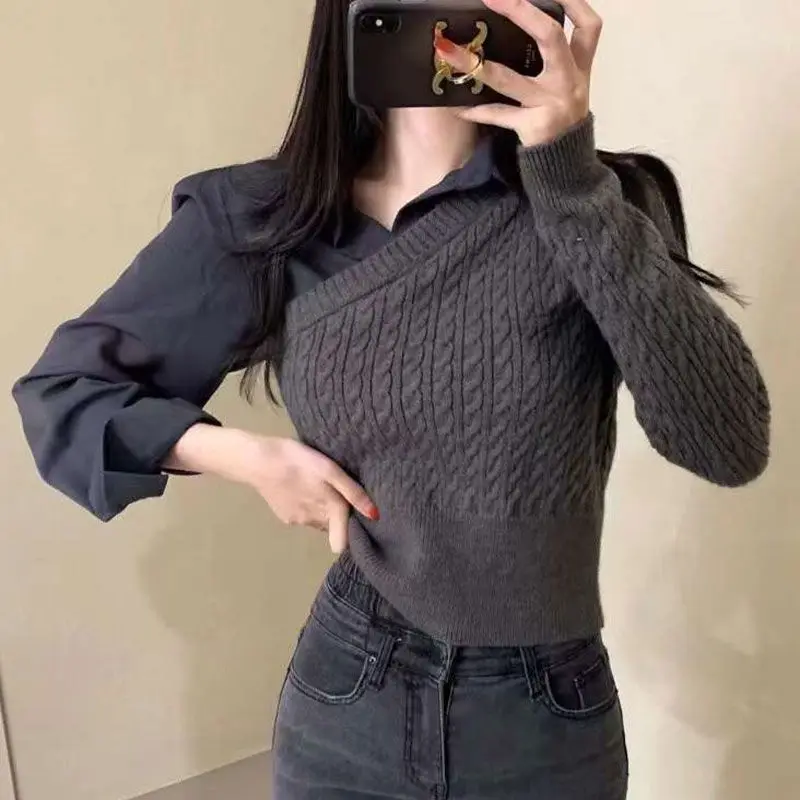 Splicing Knit Patchwork Shirt Sweaters for Women Slim Fit Gray Female Pullover Winter 2024 Harajuku Autumn Outerwears Basic Top