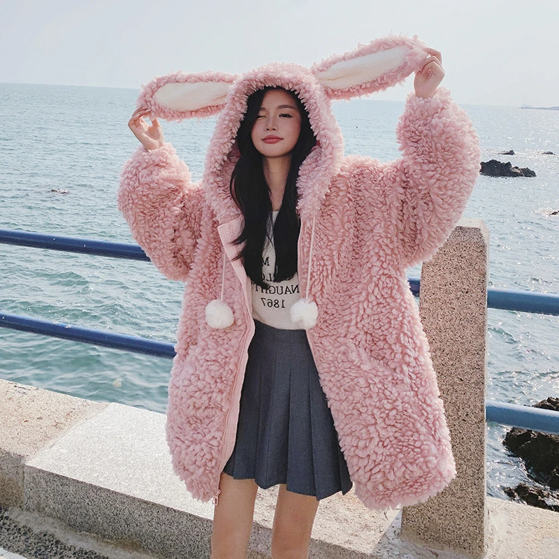 

Real Time Rabbit Ear Decoration Pink Lamb Plush Coat Winter Sweet Wind Soft Glutinous Grain Fleece Hooded Coat Women's Clothing