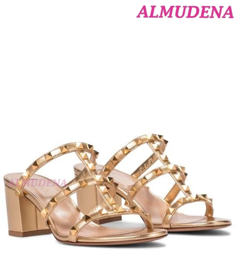 Rockstud Block Heel Leather Sandals Colorful Straps Mid Heels Slippers Women Summer Luxury Designer Party Office Dress Shoes