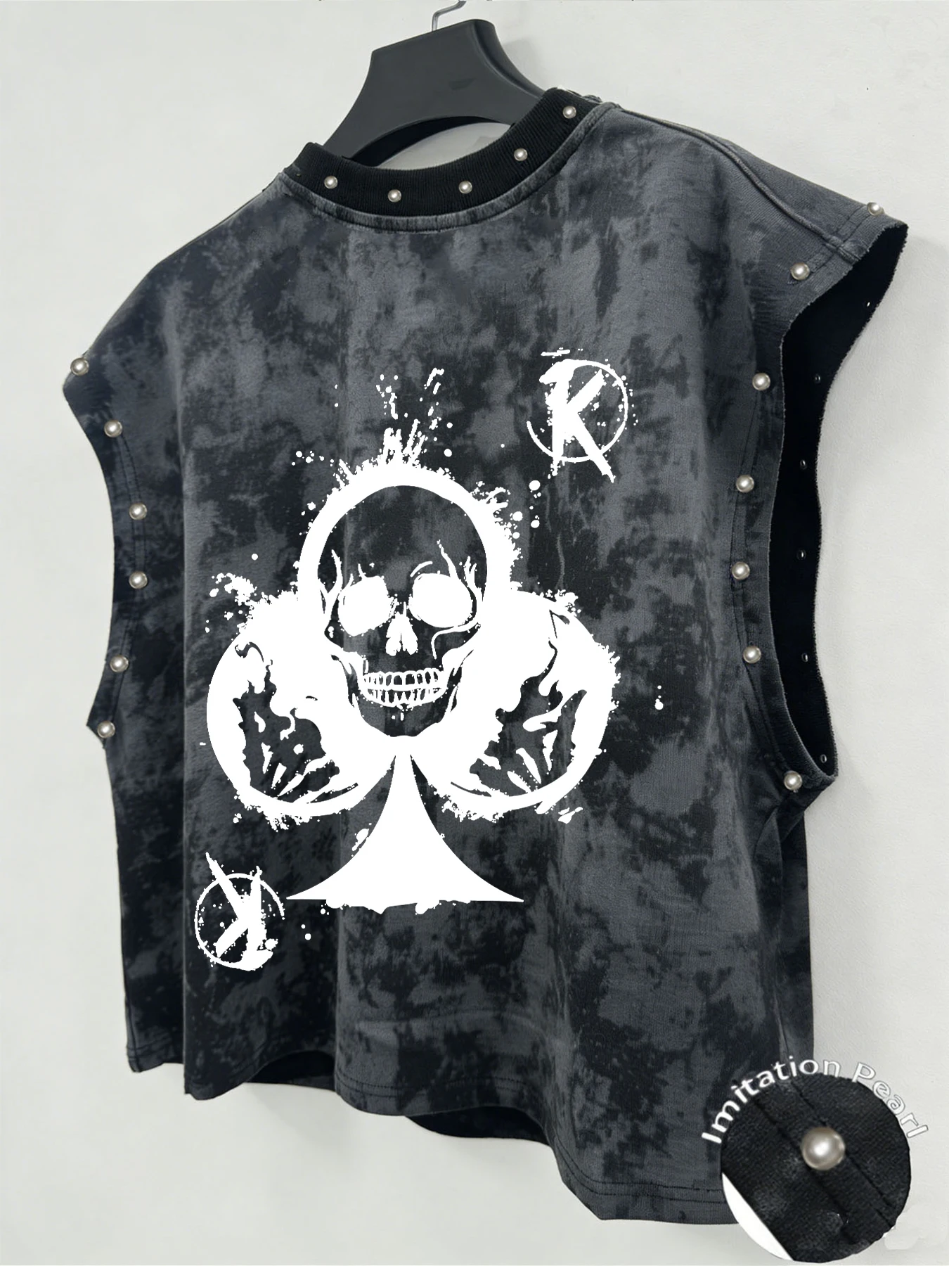 Men Tie Dye Sleeveless Tank Top, Skull Spade K Print Imitation Pearl Punk Vest, Grunge Street Waistcoat Mens Tank Top