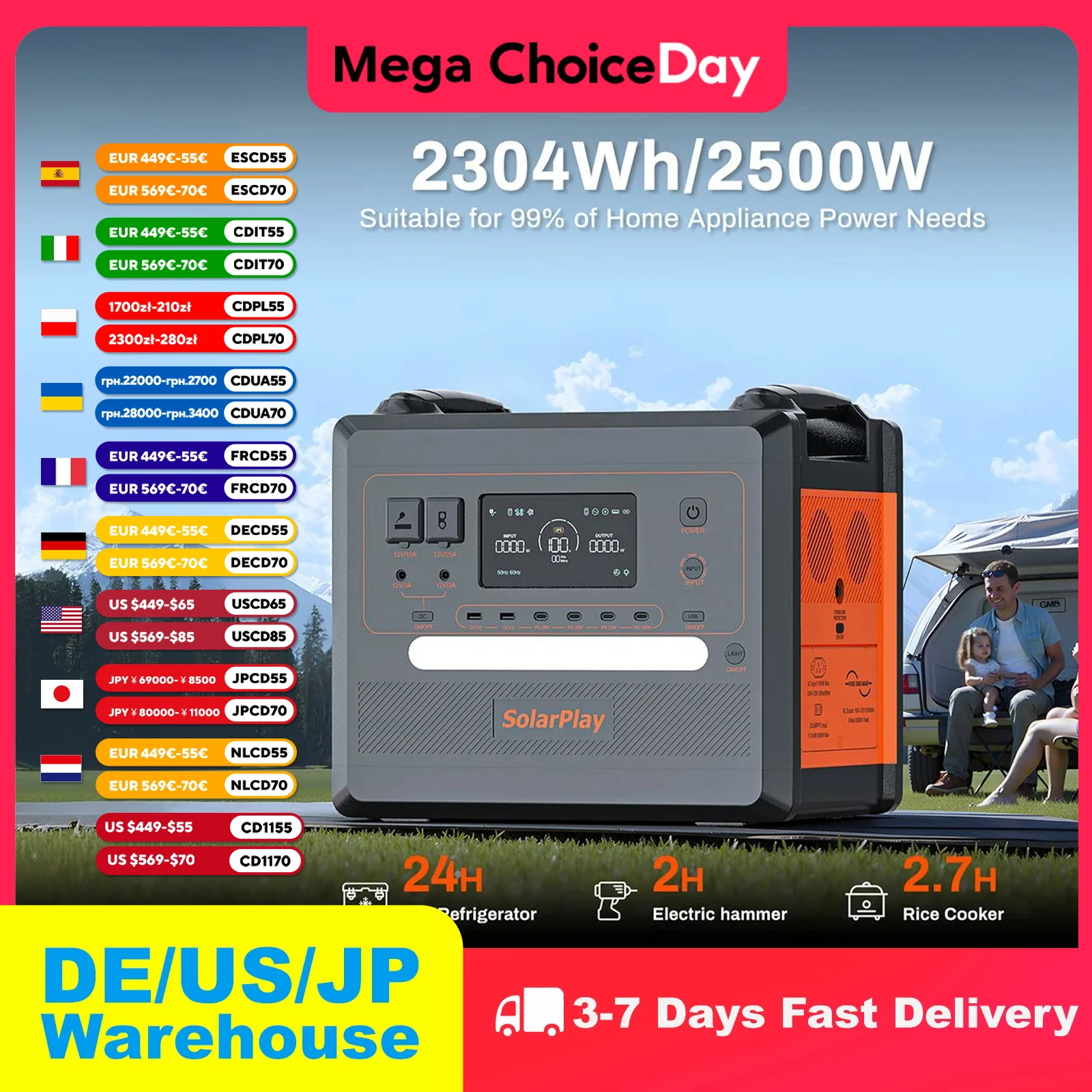 

SOLARPLAY Portable Q2402M Energy Charging Station 2500W/2304Wh 720000MAH Mobile Powerbank BMS UPS Function Equipment for Camping