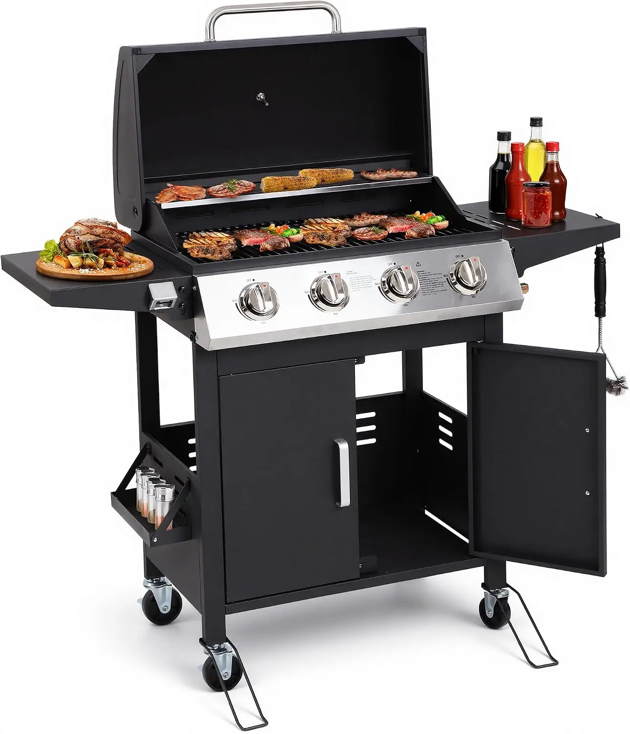 4-Burner Propane Gas BBQ Grill, Upgraded 40,000 BTU Stainless Steel Barbecue Grill with Foldable Side Tables, Spice Rack & Wheel
