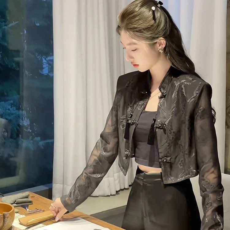 

New Chinese Style Vintage Suit Short Tops Mujer Black Shirt Simple Casual Slim Fit Tee Shirt Shirts & Blouses Sun Cardigan