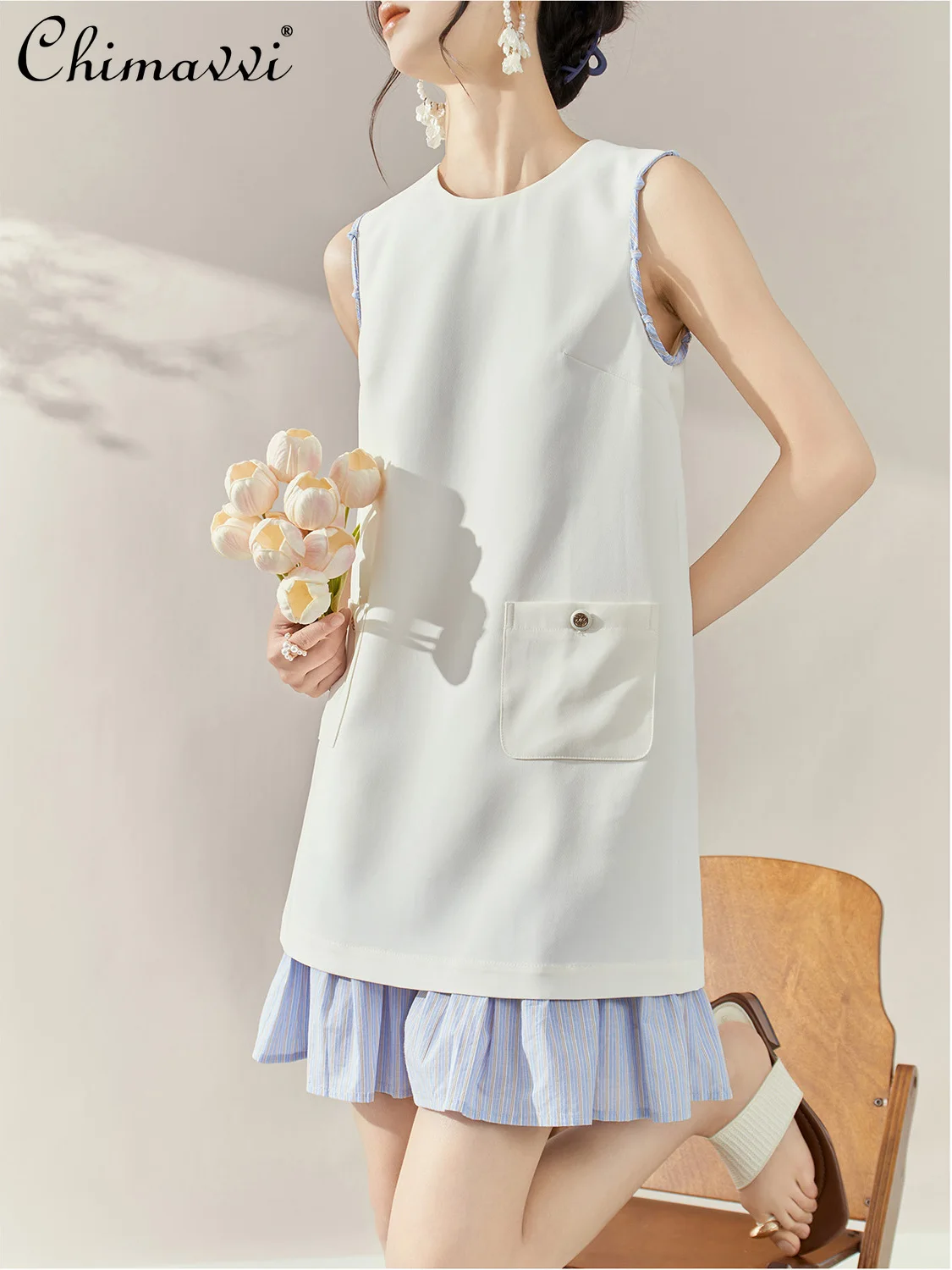 

French Temperament Elegant Socialite Party Dresses Round Collar Sleeveless Striped Splicing High Waist A-line Midi Dress Women