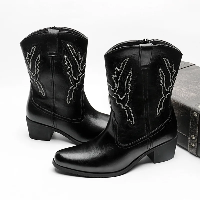 Size 38-46 Western Cowboy Boots for Men Designer Mens Shoes VINTAGE Embroider Leather Boots Black Brown British Style