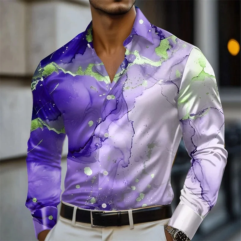 2025 Mens Geometric Marble Abstract Art Shirt Formal Shirt Long Sleeve Fashion Casual Vacation Lapel 3D Printed Button Shirt