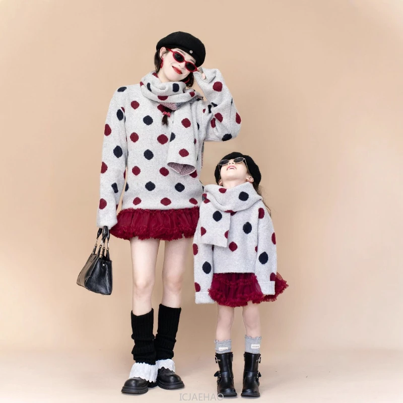 2025Mommy Daughter Matching Sweater Winter New Colorful  Outfit Mother Girl Couple ClothesDotted Knitwear With Scarf Two Piece