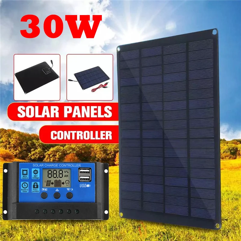 30W 18V Solar Panel with 30A Controller Portable Solar Cell Power Bank For Outdoor Phone Charging Camping Mobile Power Supplies