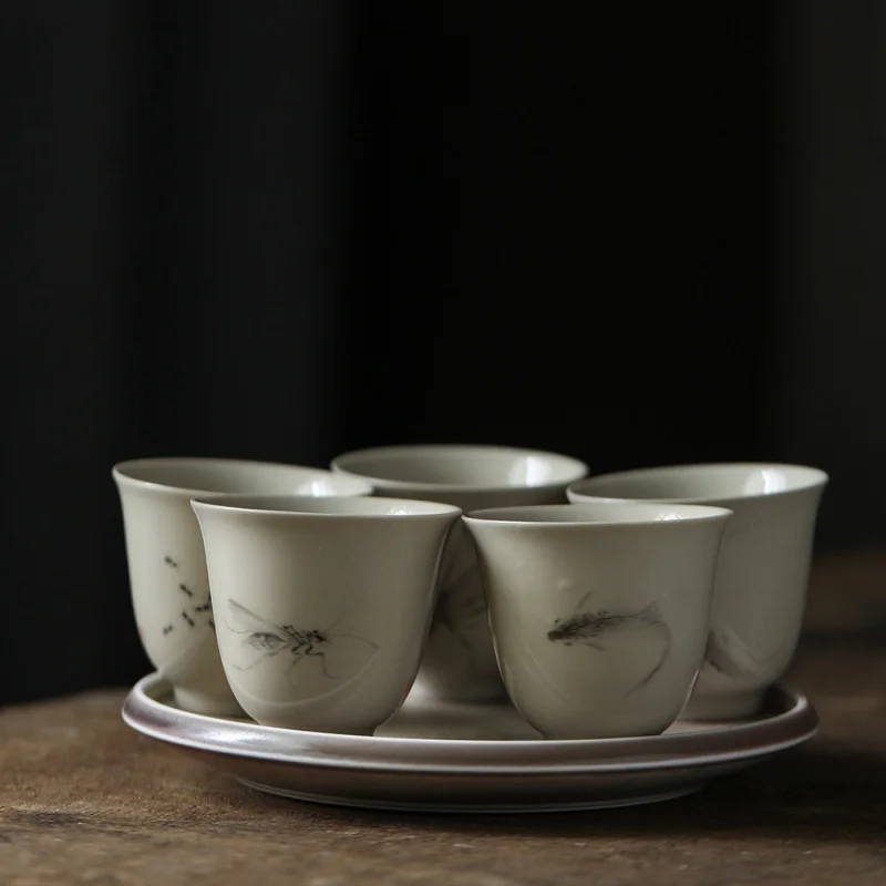 ★Jingdezhen Ink Color Grass Gray Tire Tea Cup Hand Painted Qi Baishi Freehand Grass Insect Glaze Kung Fu Ceramics Small Teacup