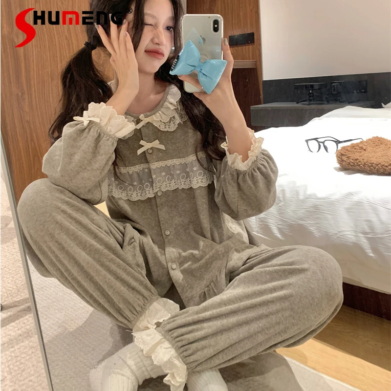 

Winter Velvet Pajamas Women's New Autumn Winter Lace Thickened Warm Lounge Suits Female Long Sleeve Home Clothes Set