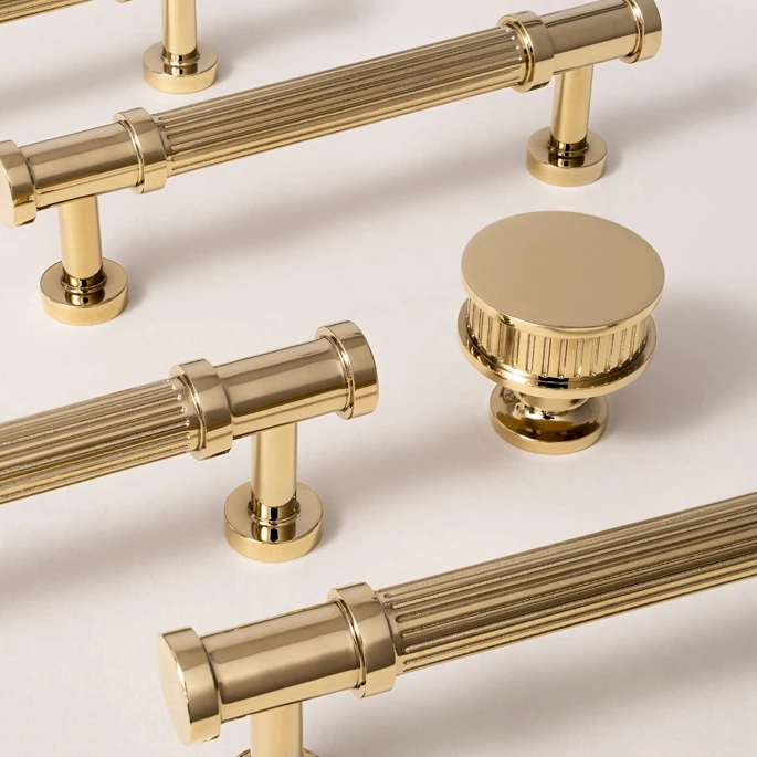 Solid Brass Luxury Furniture Handle Ribbed Romance Style PVD Gold T-Bar Kitchen Cabinet  Pull Wardrobe Door Copper Knob