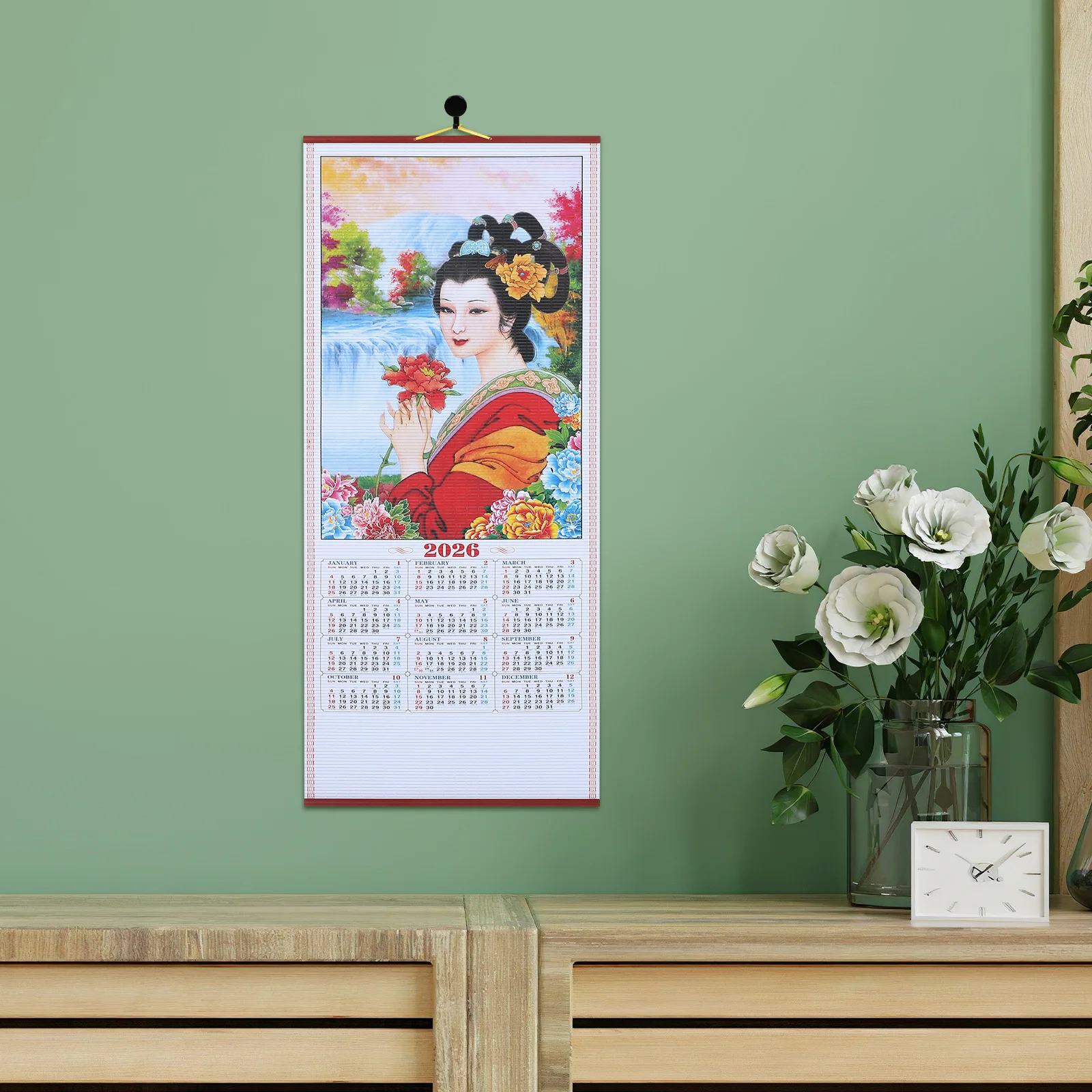 2026 Calendario a scorrimento sospeso in finto rattan Anno lunare cinese Decorazione da parete Anno del cavallo Calendario estetico per soggiorno Ufficio