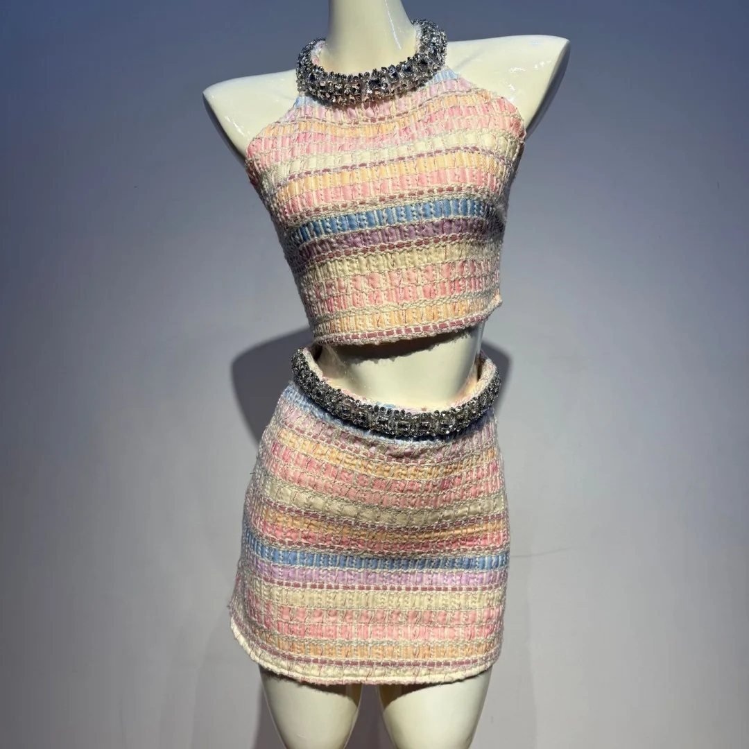 VC 2026 Women Tweed Two Piece Skirt Set Elegant Sleeveless Crop Top Mini Skirt Set Luxury Rhinestone Trim Party Outfit Chic Set image 6
