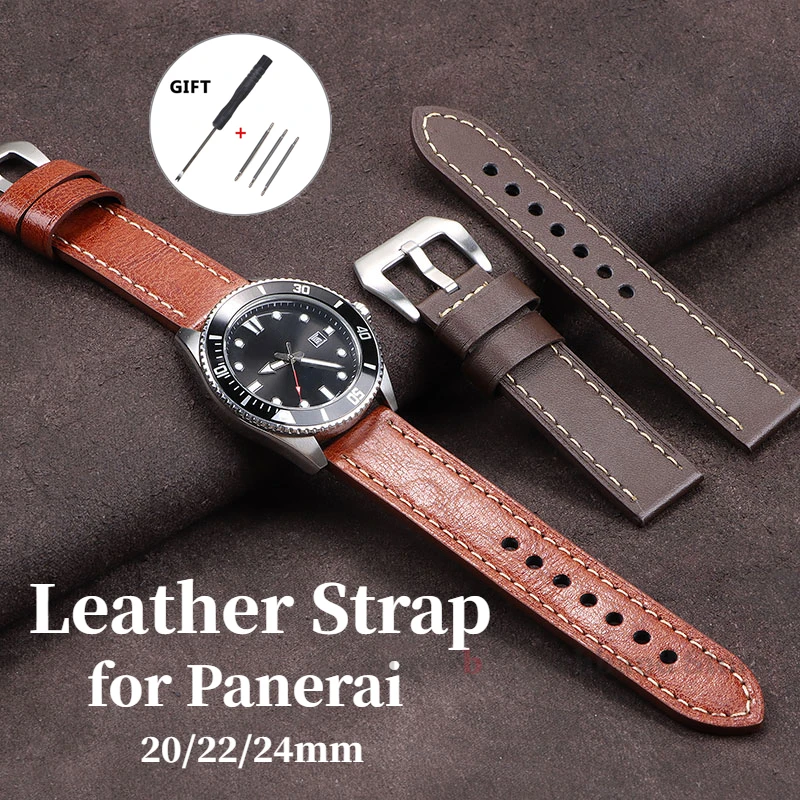 Correa de reloj de cuero de primera calidad, 20mm, 22mm, 24mm, patrón de lichi Panerai PAM, accesorios de correa de reloj de piel de vaca de repuesto