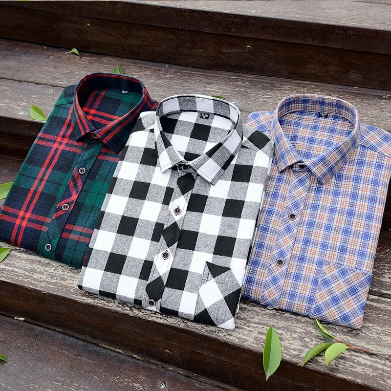 Men\'s Plaid Brushed Long Sleeve Shirts Single Pocket Comfortable Shirt Casual Fashion Standard Fit Button Down Checked Shirts