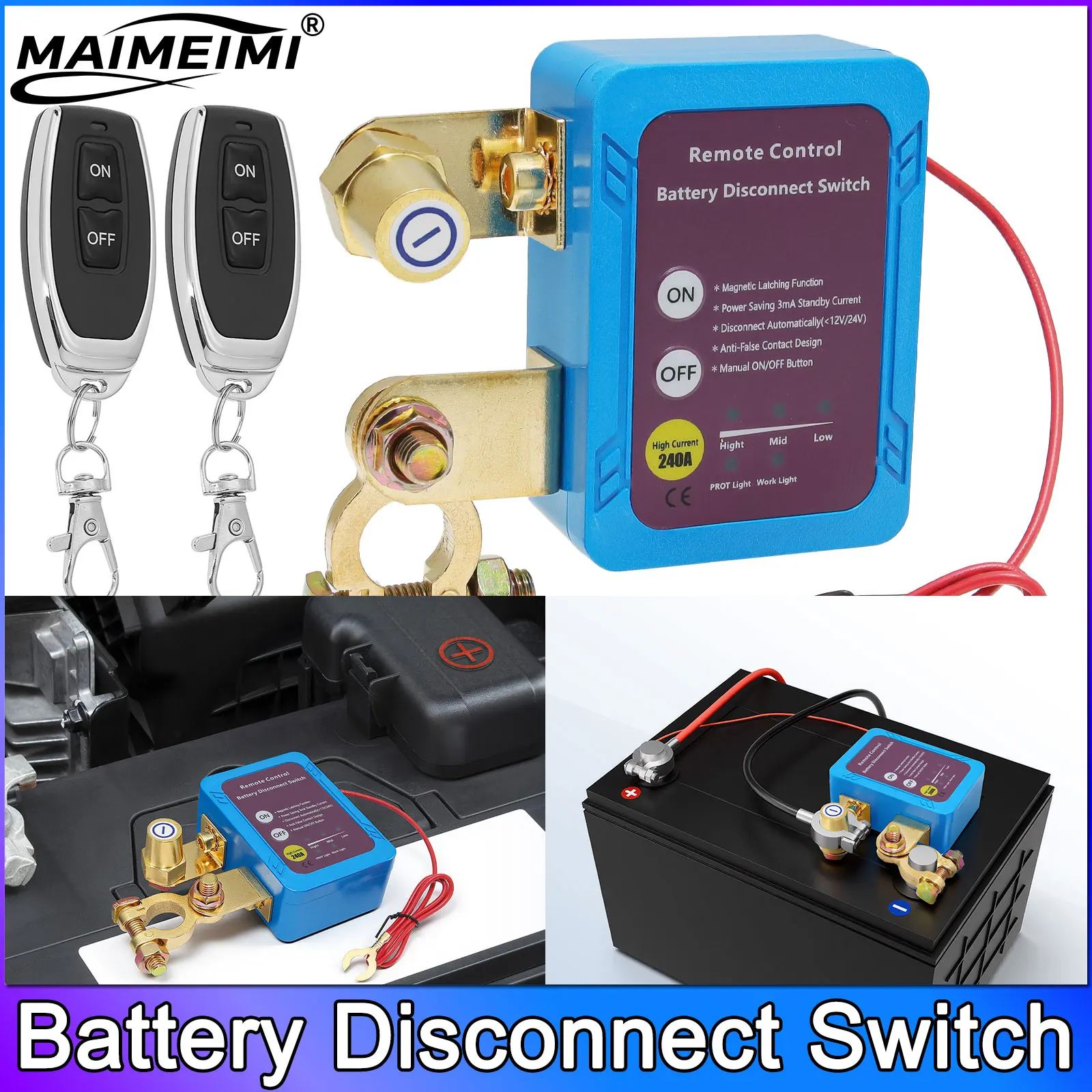 Blue Wireless Remote Control Switch 12V Remote Battery Disconnect Shut Off Tool 240A Automatic Power Shut Off Switch for Car