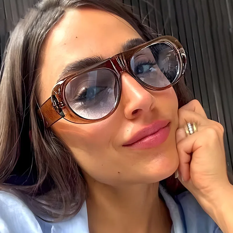 Vintage Big Frame Ellipse Women Square Sunglasses Brand Black Round Cool Men Sunglasses One Piece Designer Pilot Sun Glasses