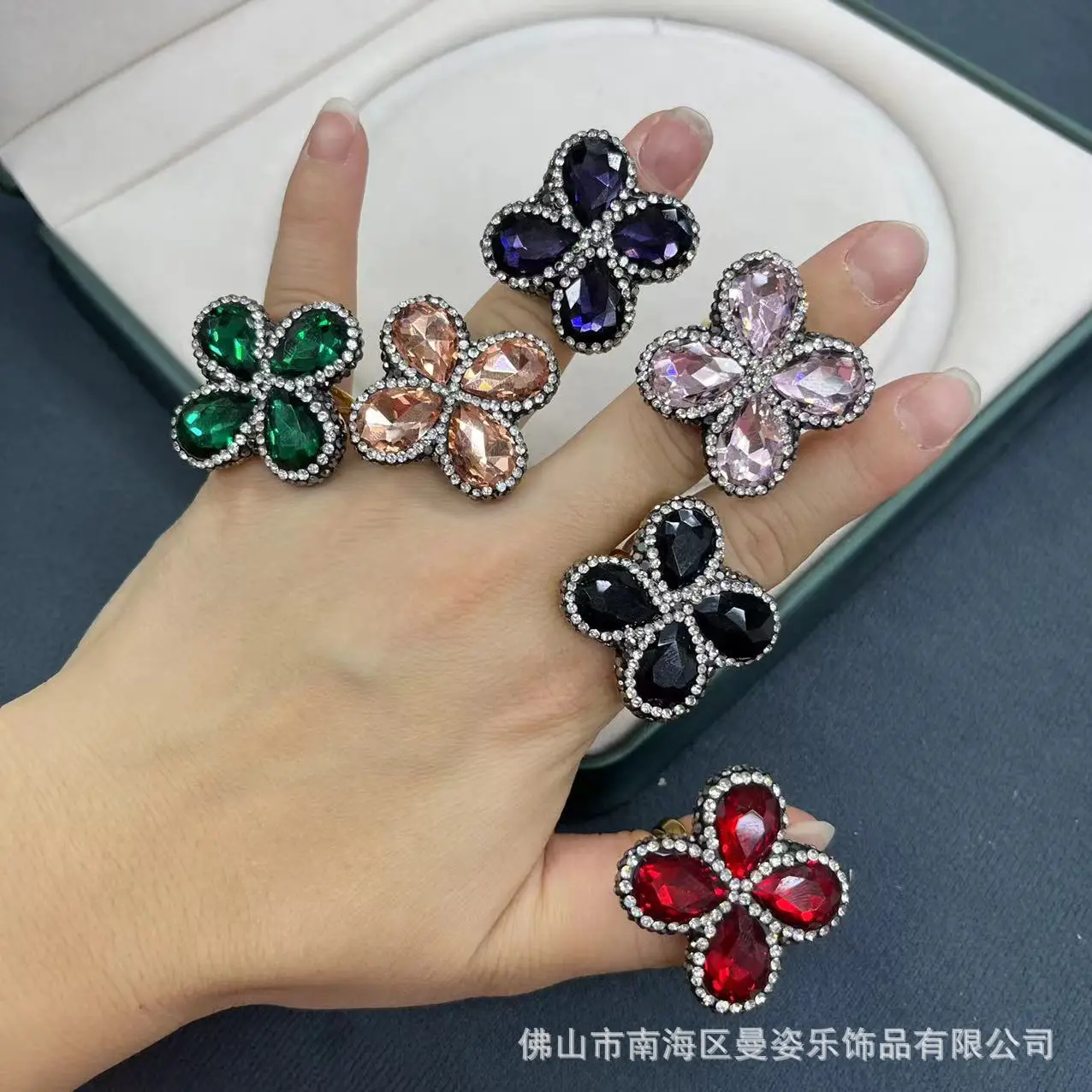 DIY accessories New crystal flower ring Internet celebrity live broadcast style full diamond craft color retention electroplatin