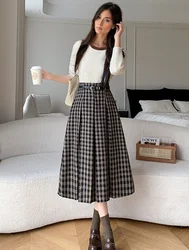 Hot Sale Plaid Vintage Woolen A-Line Skirt For Women High Waist Casual Retro Warm Winter Midi Skirt Lady
