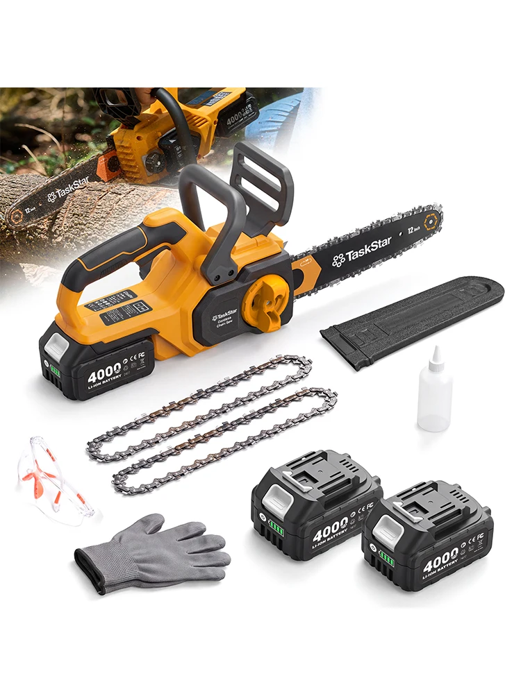 TaskStar 12-Zoll-Akku-Kettensäge, bürstenlos, wiederaufladbar, für Holzarbeiten und Gartenpflege, passend für Makita 21V-Akku (mit 2 Akkus à 4000 mAh)