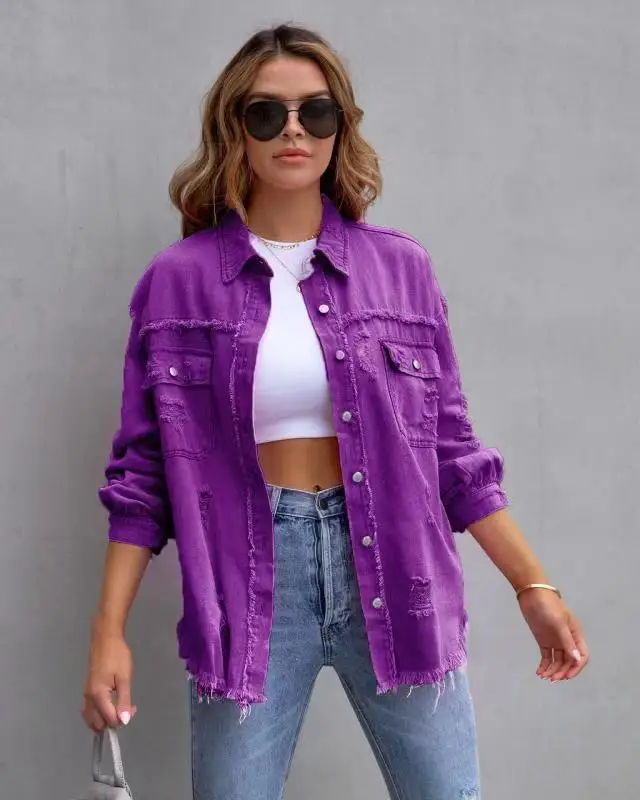 2025 New European and American Style Medium and Long Rough Edge Ripped Denim Jacket, Women's Spring Autumn Casual Lapel Top