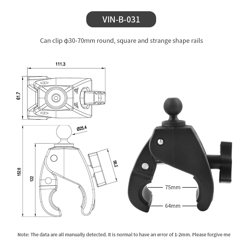 Large-Mouth Clamp 30-63/75mm with 1-Inch Ball Head Compatible with RAM Versatile for Clamping Square And round Tubes