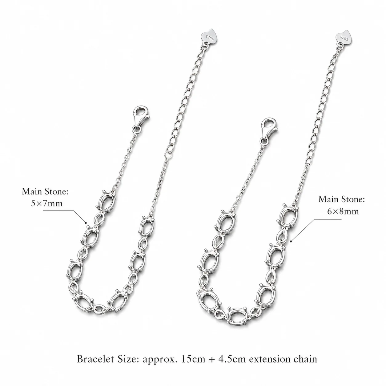 1Pc Multiple Size 8 Stones Oval Solid 925 Sterling Silver Rose Golden Or Silvery Color Prong Bezel Bracelet Settings DIY Supplie