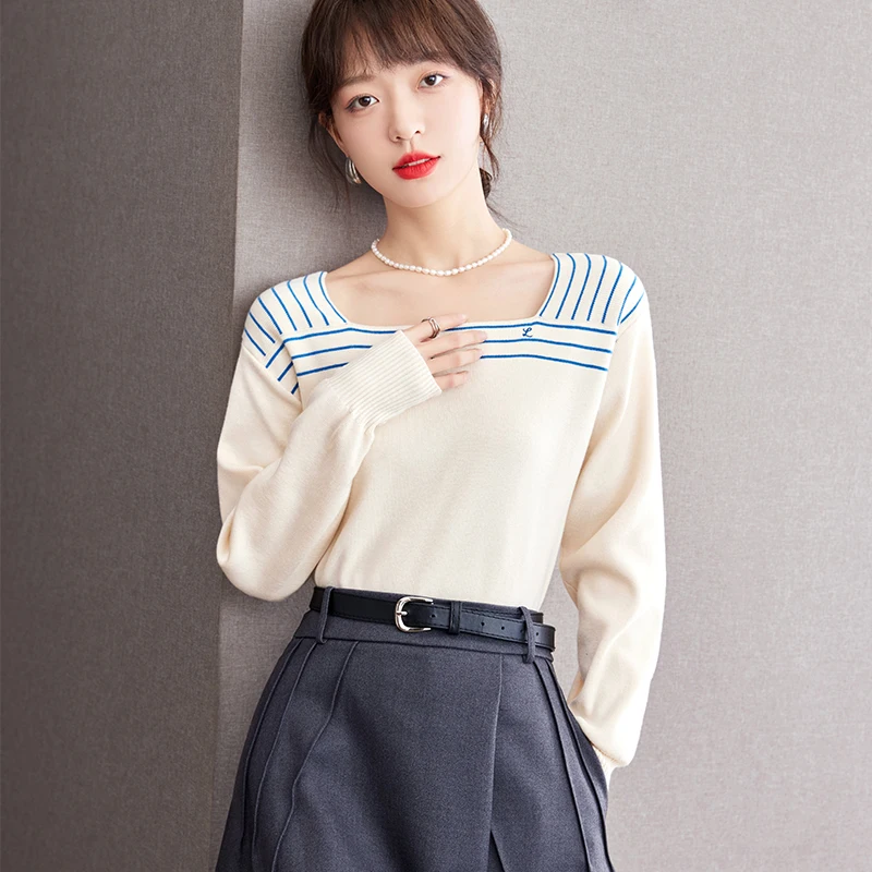 

Long Sleeve Square Collar Blue Stripe Apricot Pullovers Sweater Women Knit Tops Autumn Winter Elegant Slim Casual Knitwear D2355