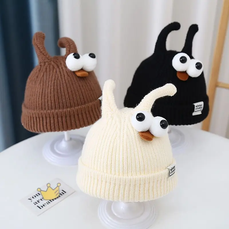 

Зимние детские шапки с мультяшными глазами, детская шведская шапка, детская вязаная шерстяная шапка с большими глазами и антенной, детские шапки Miniso