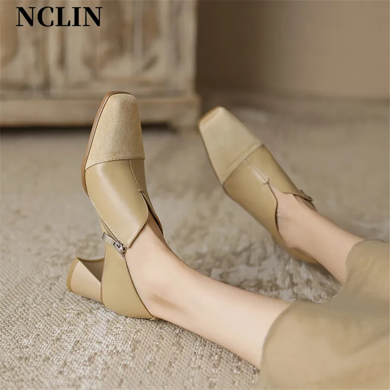 2024 Autumn Genuine Leather Loafers French Square Toe Chunky Heel High Heels Winter Women Pumps Shoes For Women Zaptos Mujer