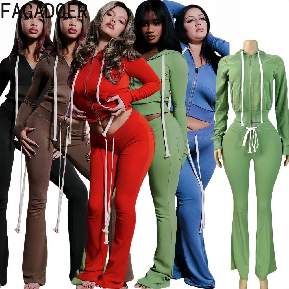 

FAGADOER Casual Sports 2 Pieces Set for Woman Outfit Solid Color Long Sleeve Hooded Crop and Pants Suits Female Streetwear New