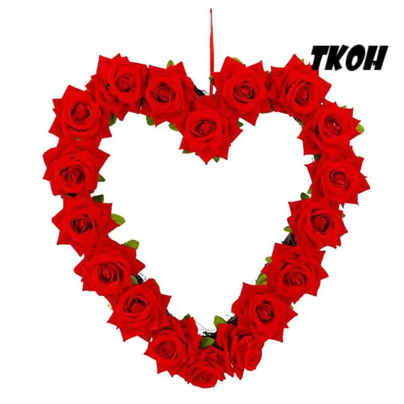 

TKOH-Roses Garland For Home Heartshaped Roses Flower Garland Decorative Simulation Roses Flowers Wreath For Front Door Home