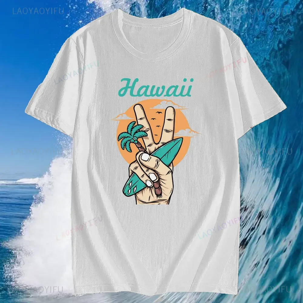 Mens Hawaii Surfing Cotton Short Sleeve for Men Tops Summer Beach Palm Print Fashion Street Style Cotton T-Shirt Clothes