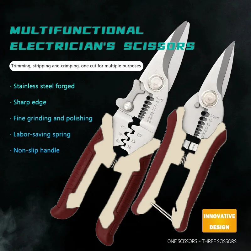 WEELEE 6-inch 8-inch Stainless Steel Multifunctional Electrician Scissors for Cutting Crimping Stripping Wires