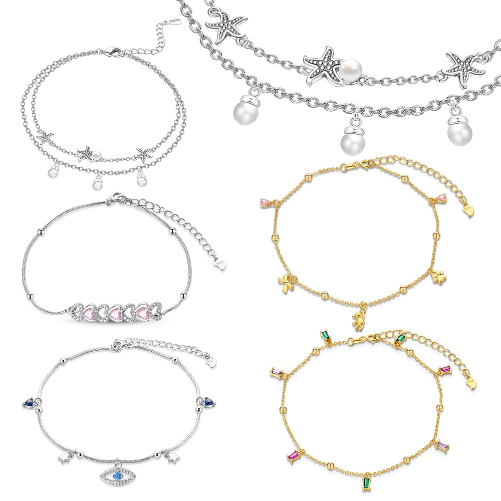 

Изысканный браслет на ногу из стерлингового серебра 925 пробы с жемчугом, морской звездой, сердцем, сахарным кубиком, медведем и оберегом от сглаза — идеальный подарок на удачу